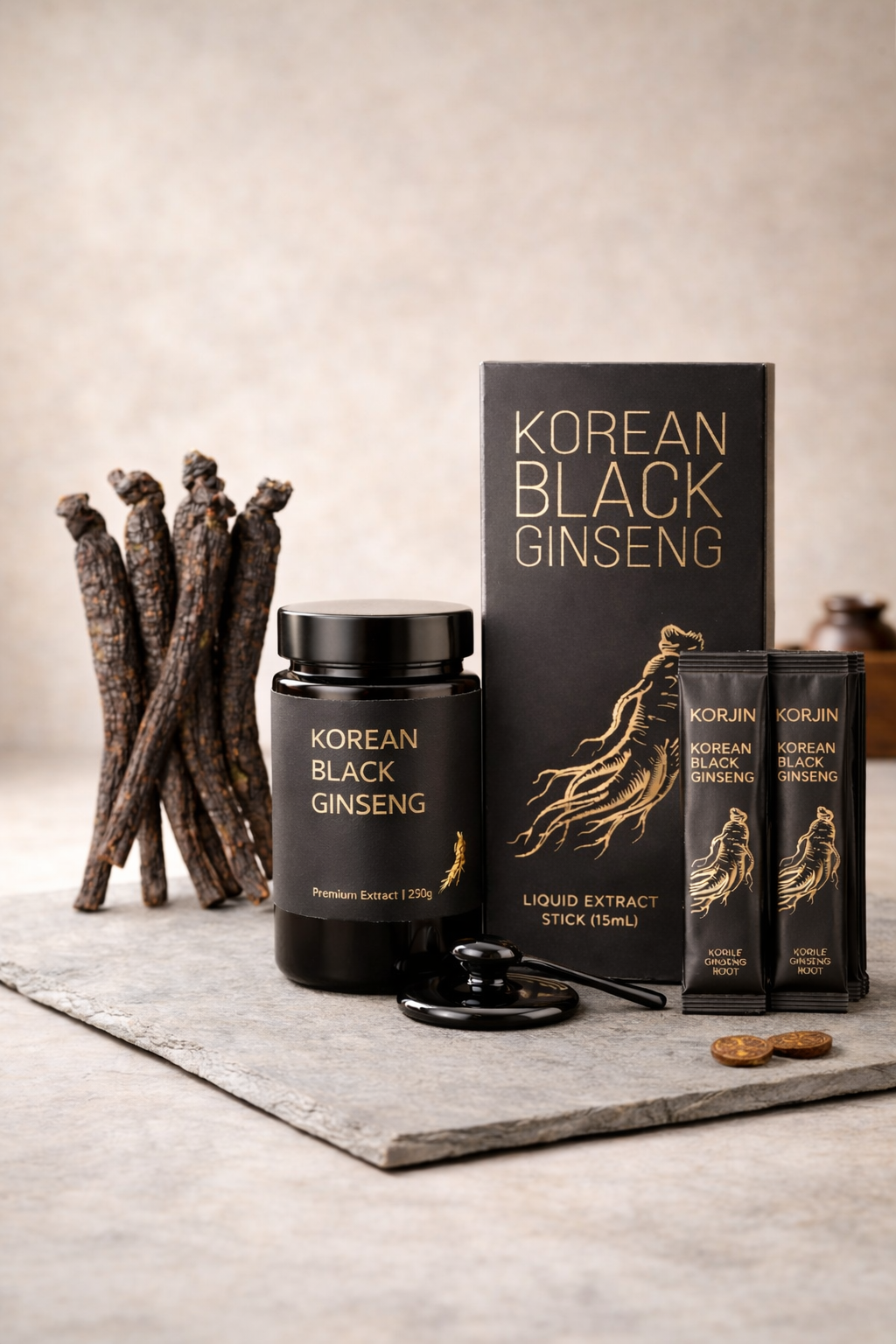 Korean Black Panax Ginseng Starter Set: Liquid Extract Sticks (30 ct) + Concentrated Extract Jar (50g)