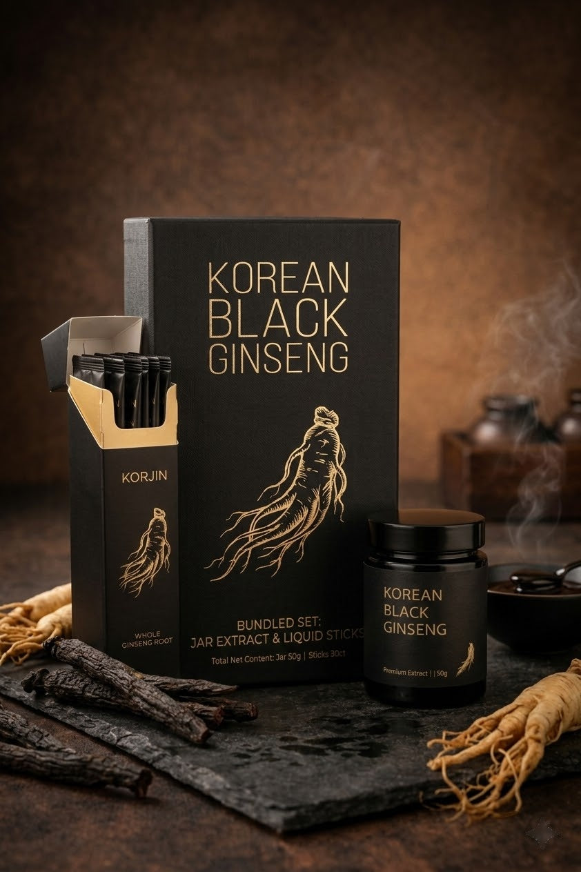 Korean Black Panax Ginseng Starter Set: Liquid Extract Sticks (30 ct) + Concentrated Extract Jar (50g)