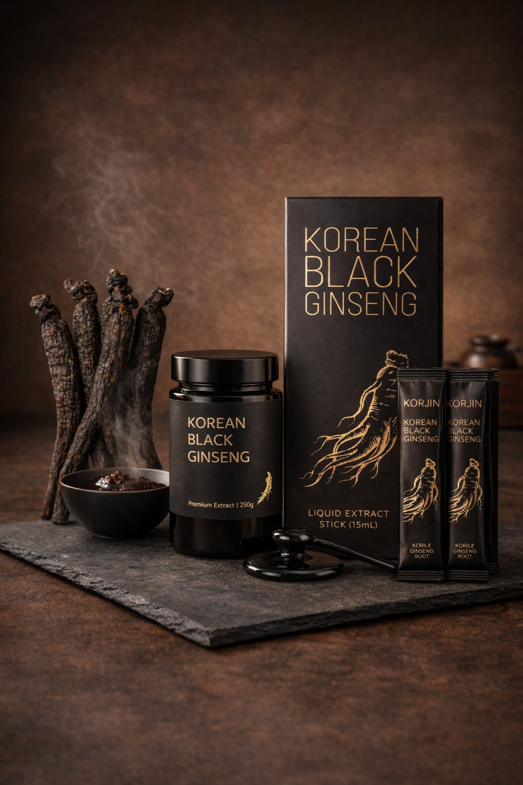 Korean Black Panax Ginseng Starter Set: Liquid Extract Sticks (30 ct) + Concentrated Extract Jar (50g)